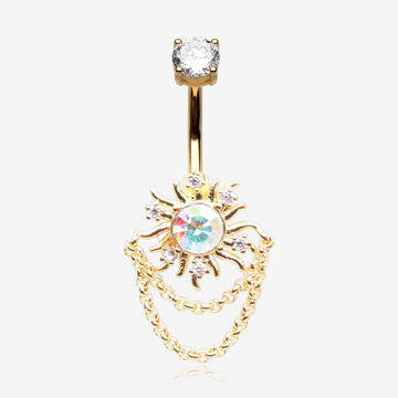 Golden Blazing Sparkle Sun Chained Belly Button Ring-Aurora Borealis